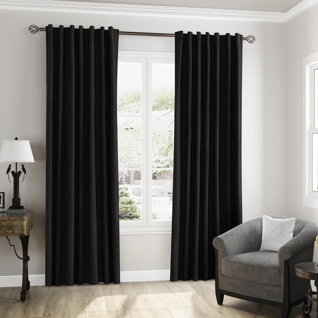 Guken Extra Long 100% Blackout Black Linen Curtains 102 Inches for Bedroom