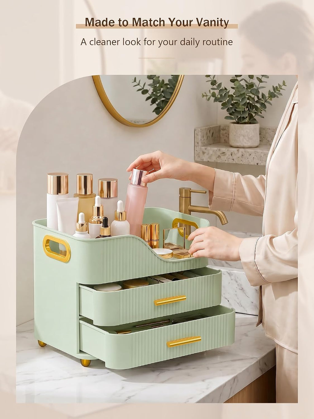 Large Makeup Organizer for Vanity, Bathroom Countertop, Green