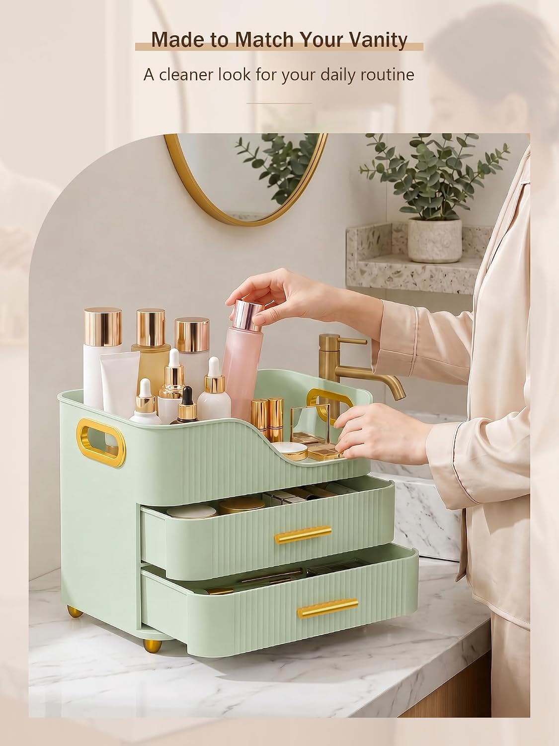 Large Makeup Organizer for Vanity, Bathroom Countertop, Green
