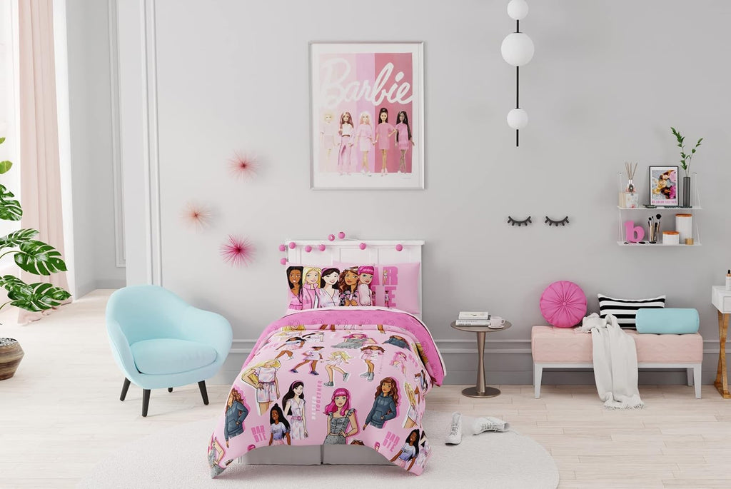 Franco Barbie Barbiecore Bedding Super Soft Comforter and Sheet Set with Sham, 5 Piece Twin Size, College Dorm Essentials (Official Licensed Product)