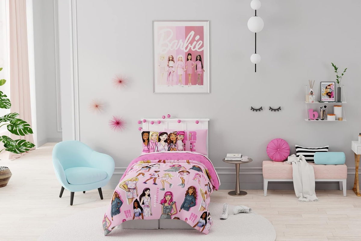 Franco Barbie Barbiecore Bedding Super Soft Comforter and Sheet Set with Sham, 5 Piece Twin Size, College Dorm Essentials (Official Licensed Product)