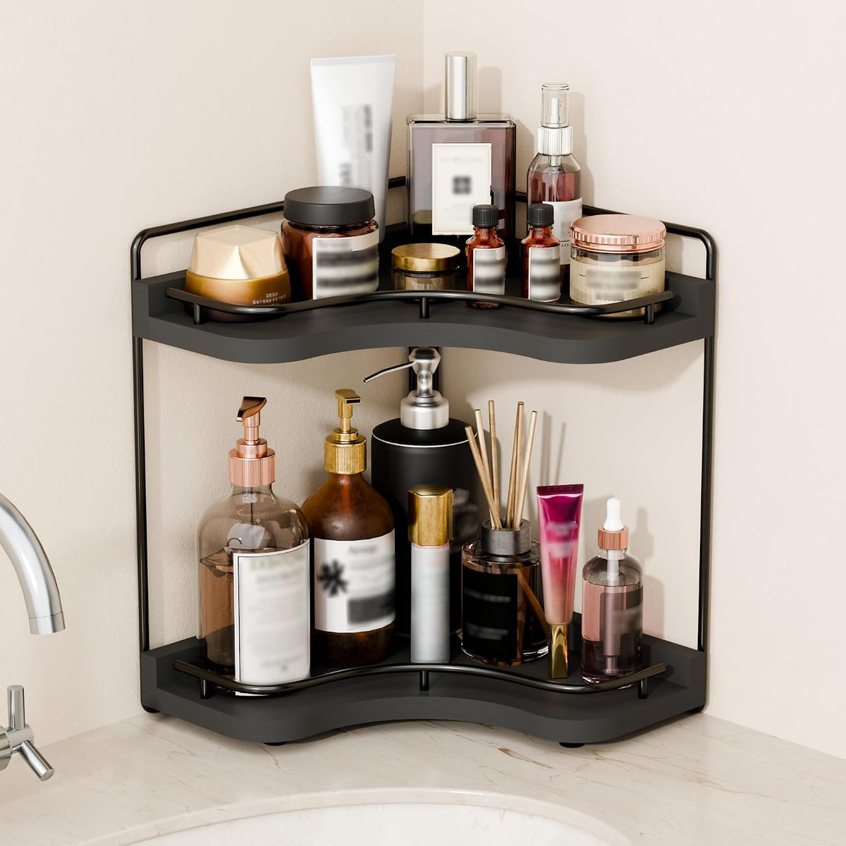 2-Tier Corner Bathroom Counter Organizer for Storage, Black