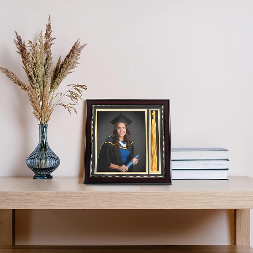 GraduationMall Graduation Photo Shadow Box Frame with Tassel Holder for 8x10 Pictures,Real Glass,Black Over Gold Double Mat,Wall & Tabletop Design