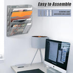 5 Pocket Mesh Hanging Wall File Organizer, Wall Mounted Mail Paper Document Folder Holder, Clipboard Storage Organization Magazine Rack with Nametag Label for Office Home School, Gray