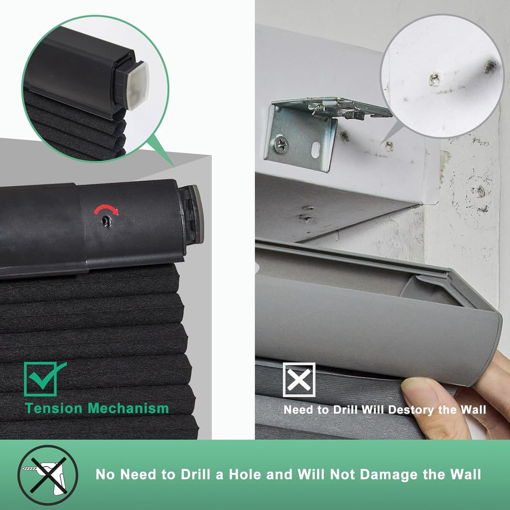Tonature No Drill Cellular Shades for Indoor Windows, Thermal Insulating & Noise Reducing Honeycomb Blinds, Free Stop Cordless Blackout Shades, Black, 34 1/2" W x 64" H