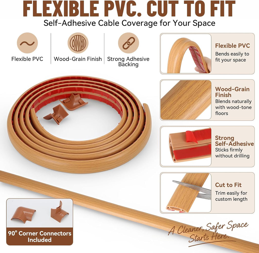 Floor Cord Cover Self Adhesive Cord Hider, Cable Management, Extension Strip Protector for Wires (Light Brown Wood Grain, 1.18" x 20')