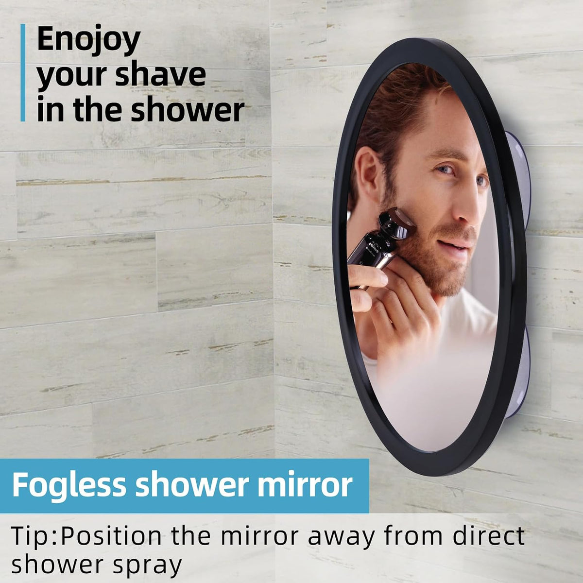 Fogless Shower Mirror for Shaving and Makeup with 3 Removable Powerful Suction Cups, Shatterproof Anti Fog Mirror for Shower and Bathroom, Glassless Safety Kids Mirror (Black)