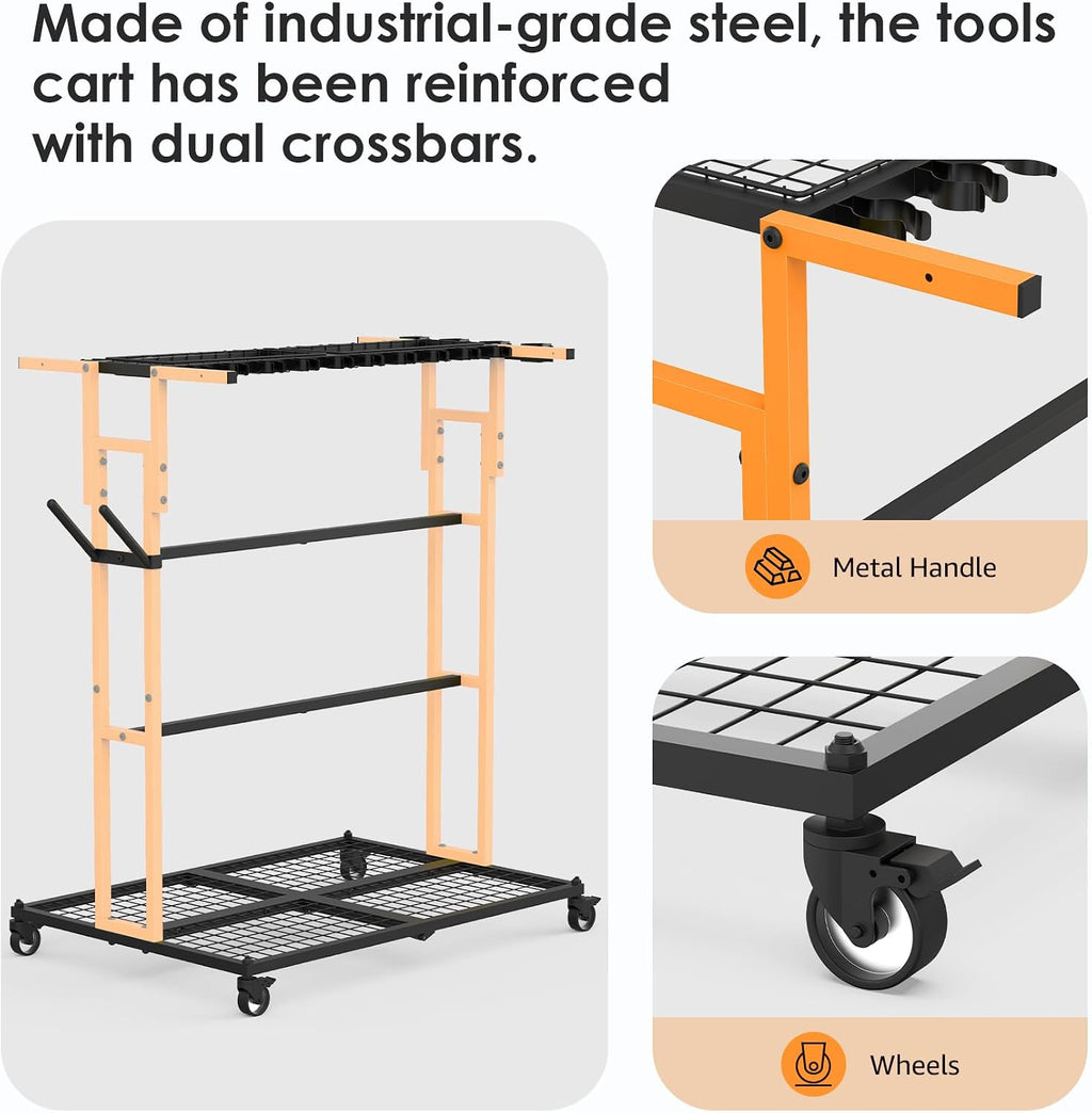 CCCEI Garage Organization with Wheels, Outdoor Gargen Yard Shed Tools Organizer Cart, Home Storage for Cleaning Supplies, Broom Holder, for Shovel and Rake, Long Farming and Farming Tools, Orange.