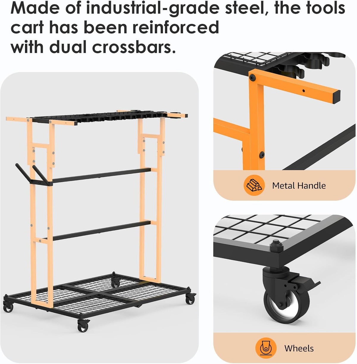 CCCEI Garage Organization with Wheels, Outdoor Gargen Yard Shed Tools Organizer Cart, Home Storage for Cleaning Supplies, Broom Holder, for Shovel and Rake, Long Farming and Farming Tools, Orange.
