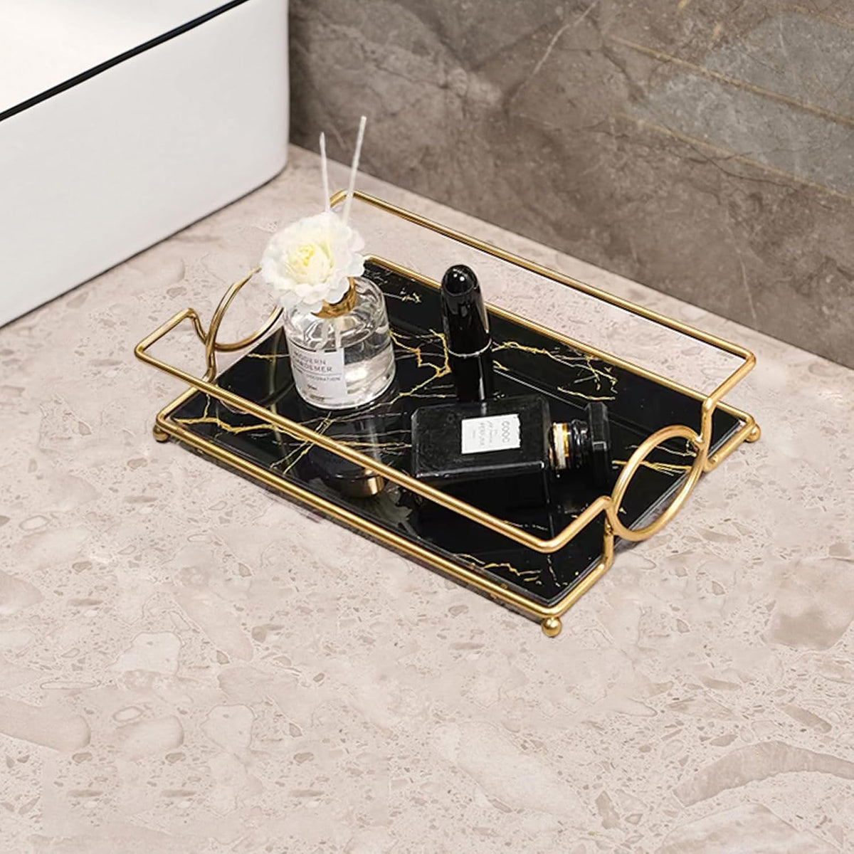 Toilet Tank Tray Black Gold Glass Bathroom Vanity Organizer