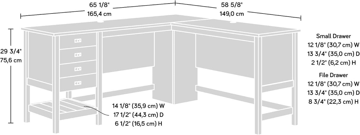Sauder Cottage Road L Shaped Desk Computer Desk with Drawers, Home Office Desk with Optional File Cabinet Storage, Cable Management, in Soft White Finish