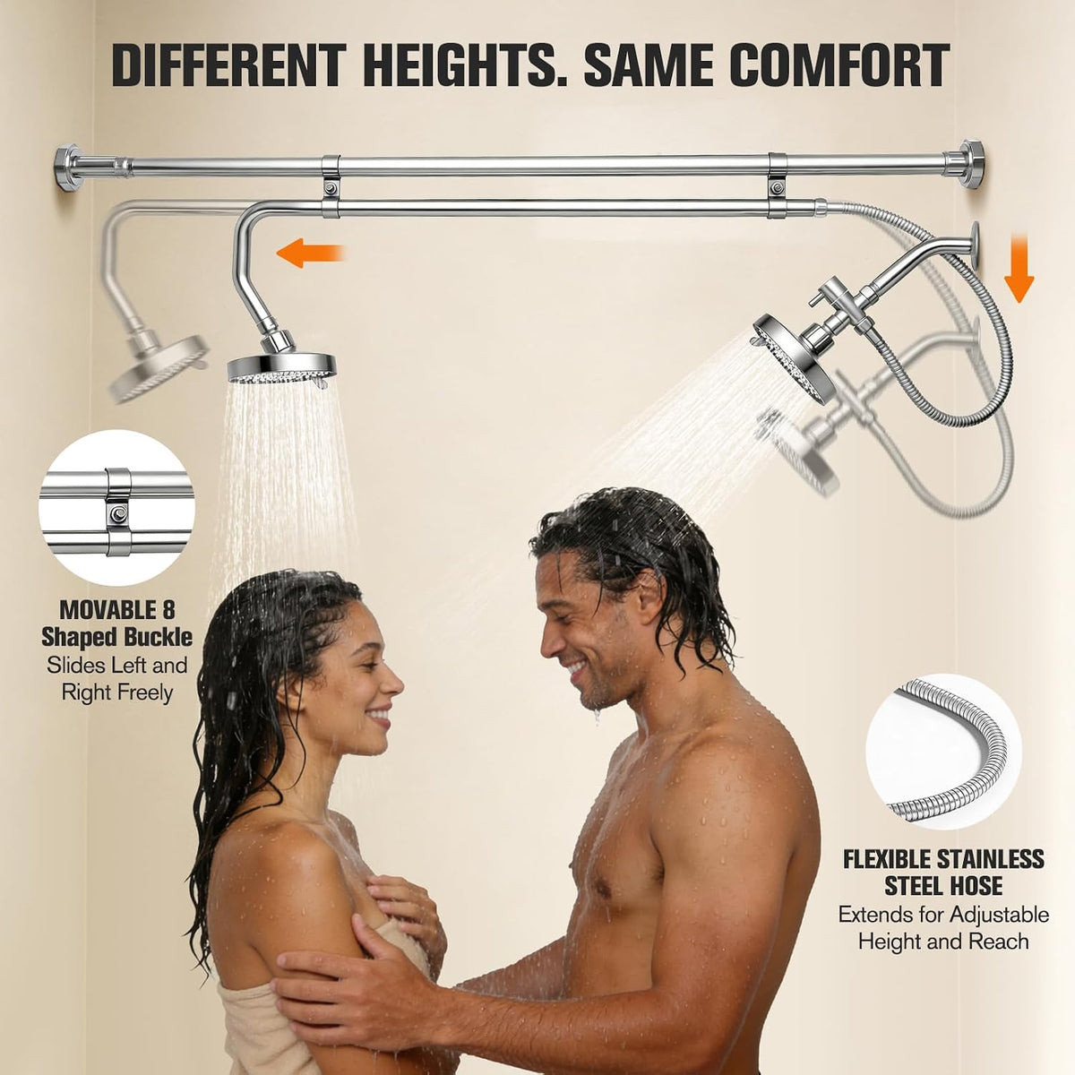 Tandem Shower System for Couples, Dual Shower Head for Two People, Double Bathroom Shower with Adjustable Height & 180° Rotation, High Pressure Design, Silver