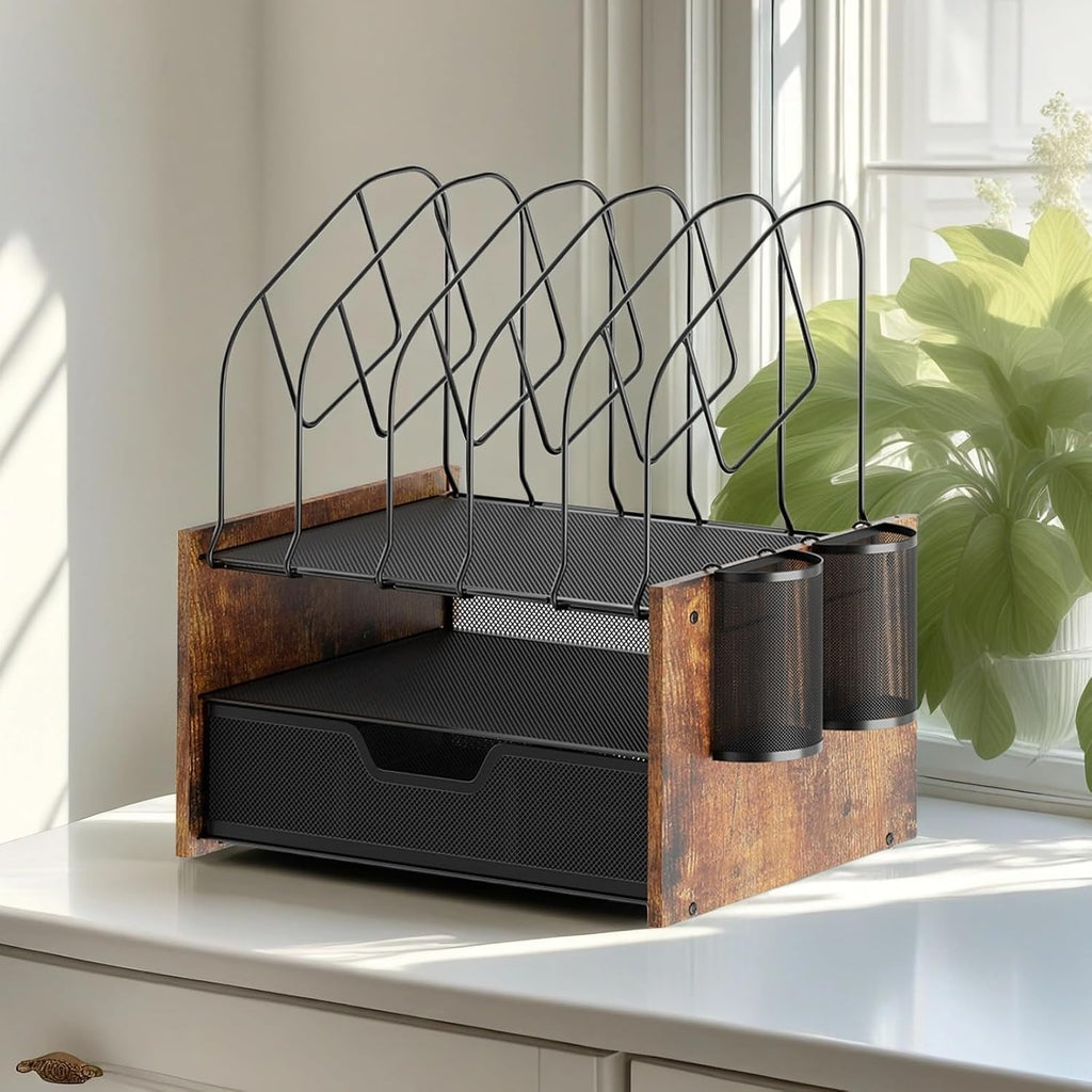 Desk Organizer with Drawer, Desktop File Organizer and Paper Tray Organizer with Vertical File Holder, Office Desk Accessories for Mail, Documents, Papers, Notebooks and Home Office Storage