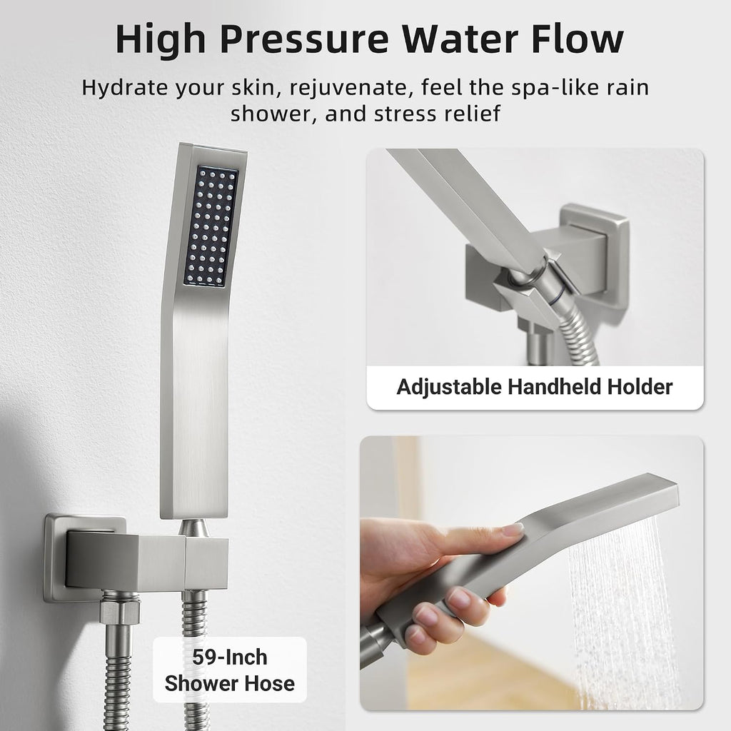 Dasan Brushed Nickel Dual Shower Heads System with Ceiling 12-Inch Rainfall Shower & Wall Mount 6-Inch High Pressure Shower Head, Full Body Dual Shower Head Set