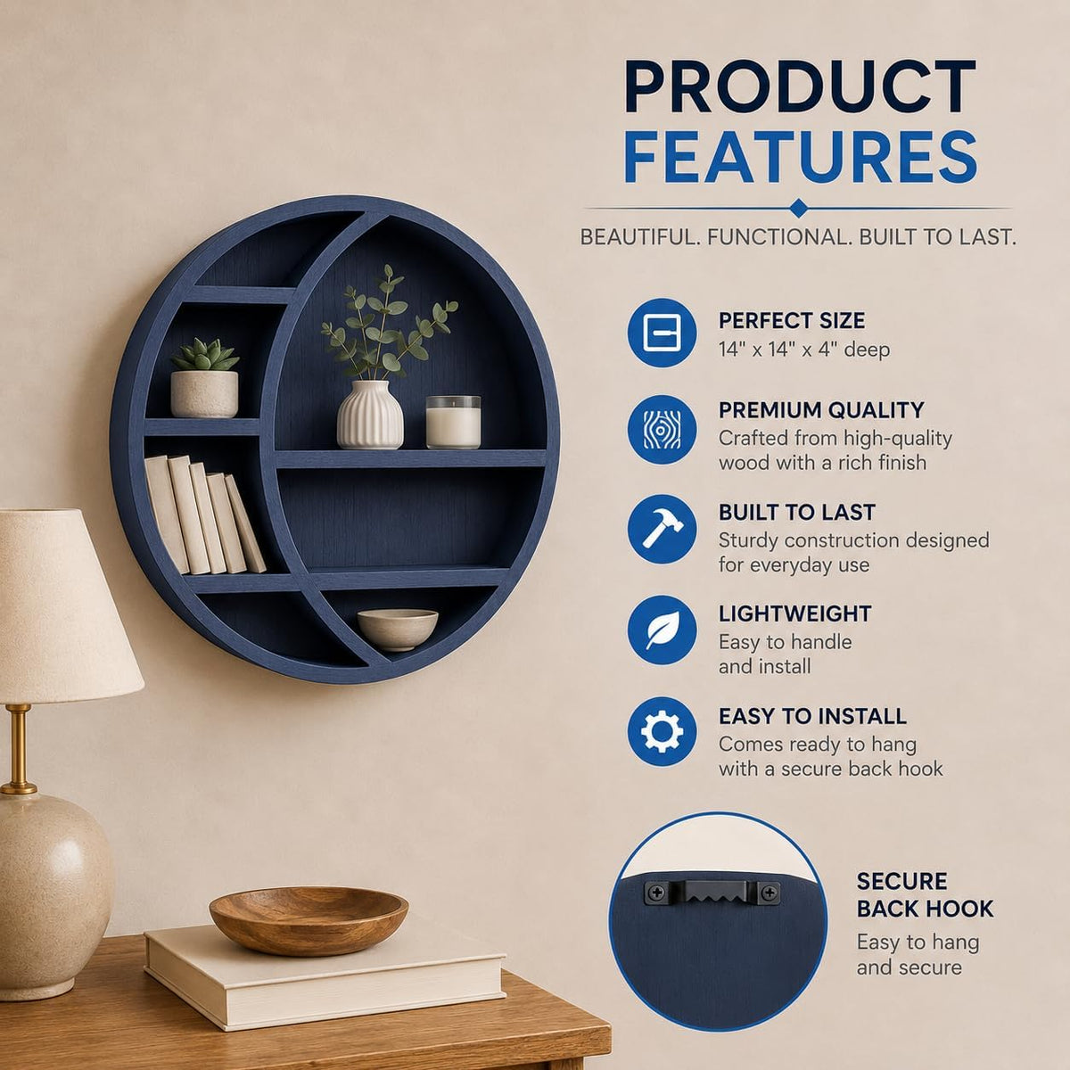 Wooden Crescent Moon Shelf Wall Decor — Aesthetic Floating Crystal Display Holder & Hanging Wall Organizer for Bedroom, Dorm & Spiritual Room Decor | 14"x14"x3.5" | (Navy Blue)