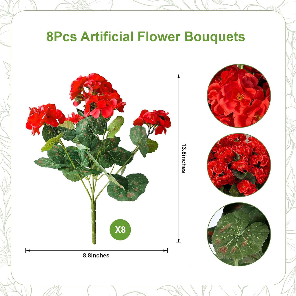 Artificial Geraniums Fake Flowers for Outdoors, 8PCS Red