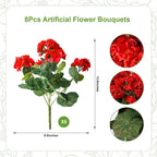 Artificial Geraniums Fake Flowers for Outdoors, 8PCS Red