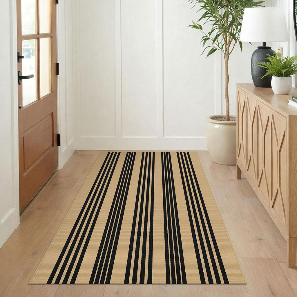 KILOCOCO Striped Rug 3x5 ft Washable Woven Front Door Rug, Brown and Black