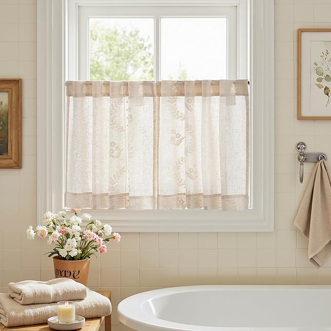 jinchan Belrose Linen Floral Kitchen Curtains 24 inch Length Embroidered - Image 9