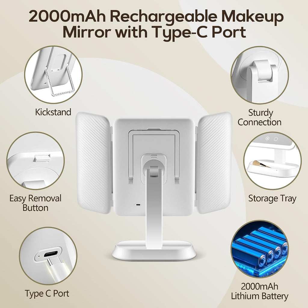 GOMIPURU Vanity Mirror with Lights, Lighted Makeup Mirror with 30X/10X/5X Magnification, Rechargeable Trifold Mirror with 3 Color&Adjustable Brightness, Travel Makeup Mirror with Lights for Desk,Gifts