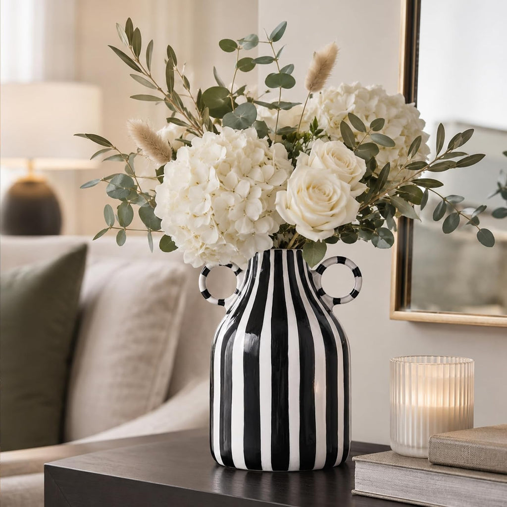 Black and White Striped Ceramic Vase with Double Ring Handles