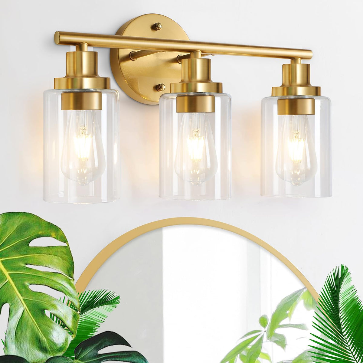 Brushed Brass Bathroom Wall Light Fixtures 3 Lights Vanity Wall Sconce with Clear Glass Shade Modern Farmhouse Wall Lamp for Bathroom Mirror Kitchen Living Room Workshop