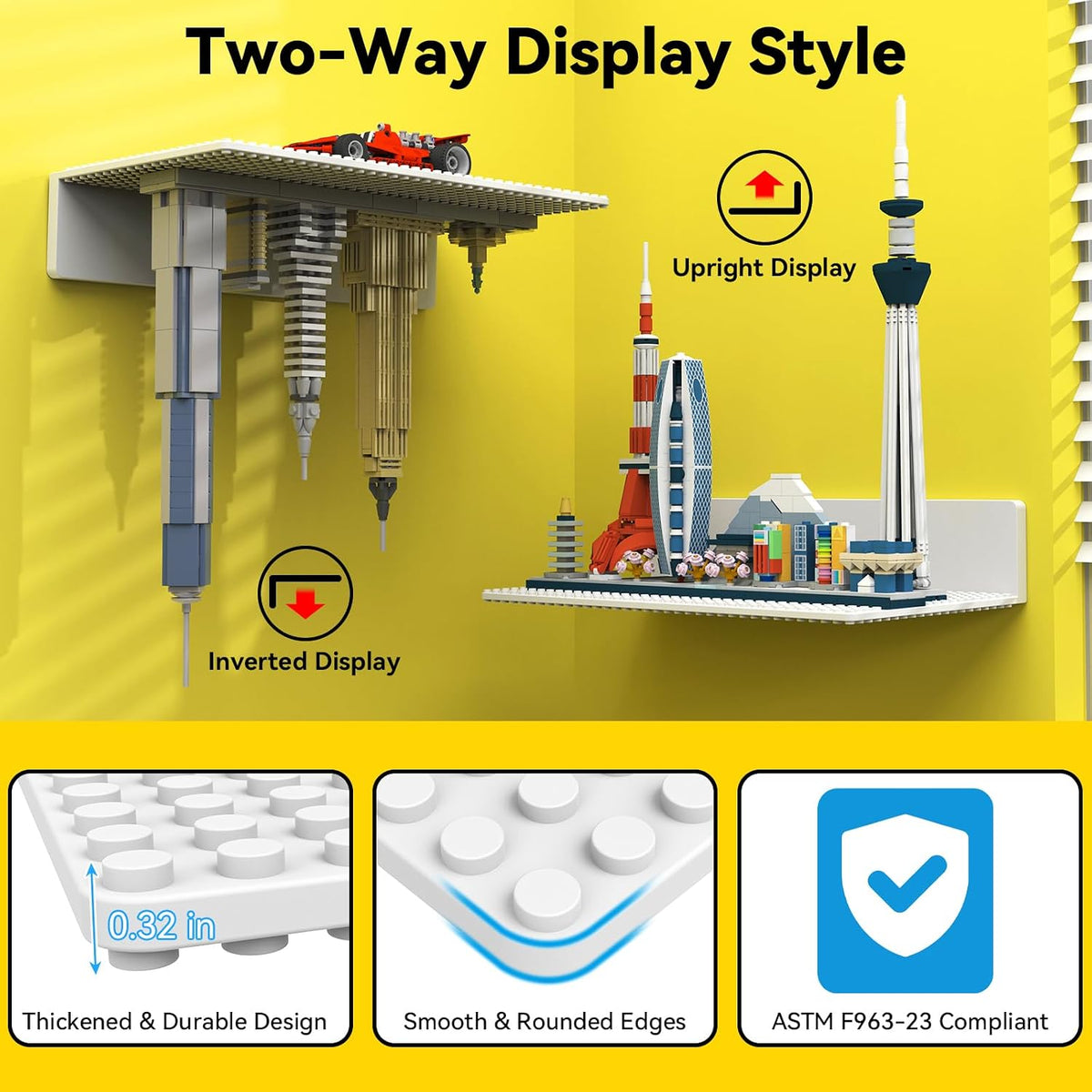 BlissBox 8-Pack Floating Shelves for Wall Compatible with Lego Bricks,White