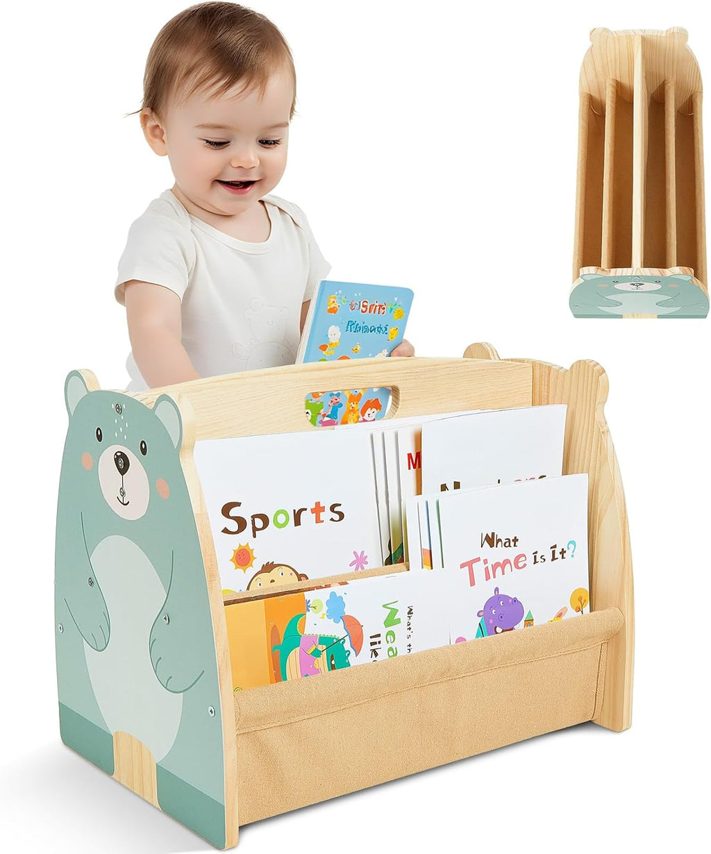Toddler Bookshelf Double-Sided with 4 Tier Deep Sleeves Kids Wooden Montessori Book Rack for Baby Nursery Room, Playroom, Classroom or Bedroom Bookcase Storage Organizer, Green Bear