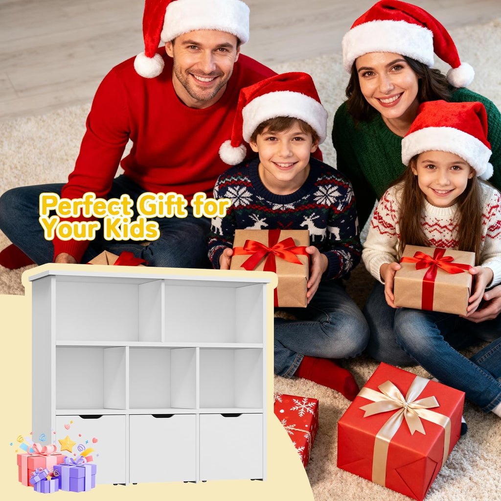 Teckid 2-in-1 Toy Storage Organizer with 5 Cubbies, Bookshelf & 3 Drawers