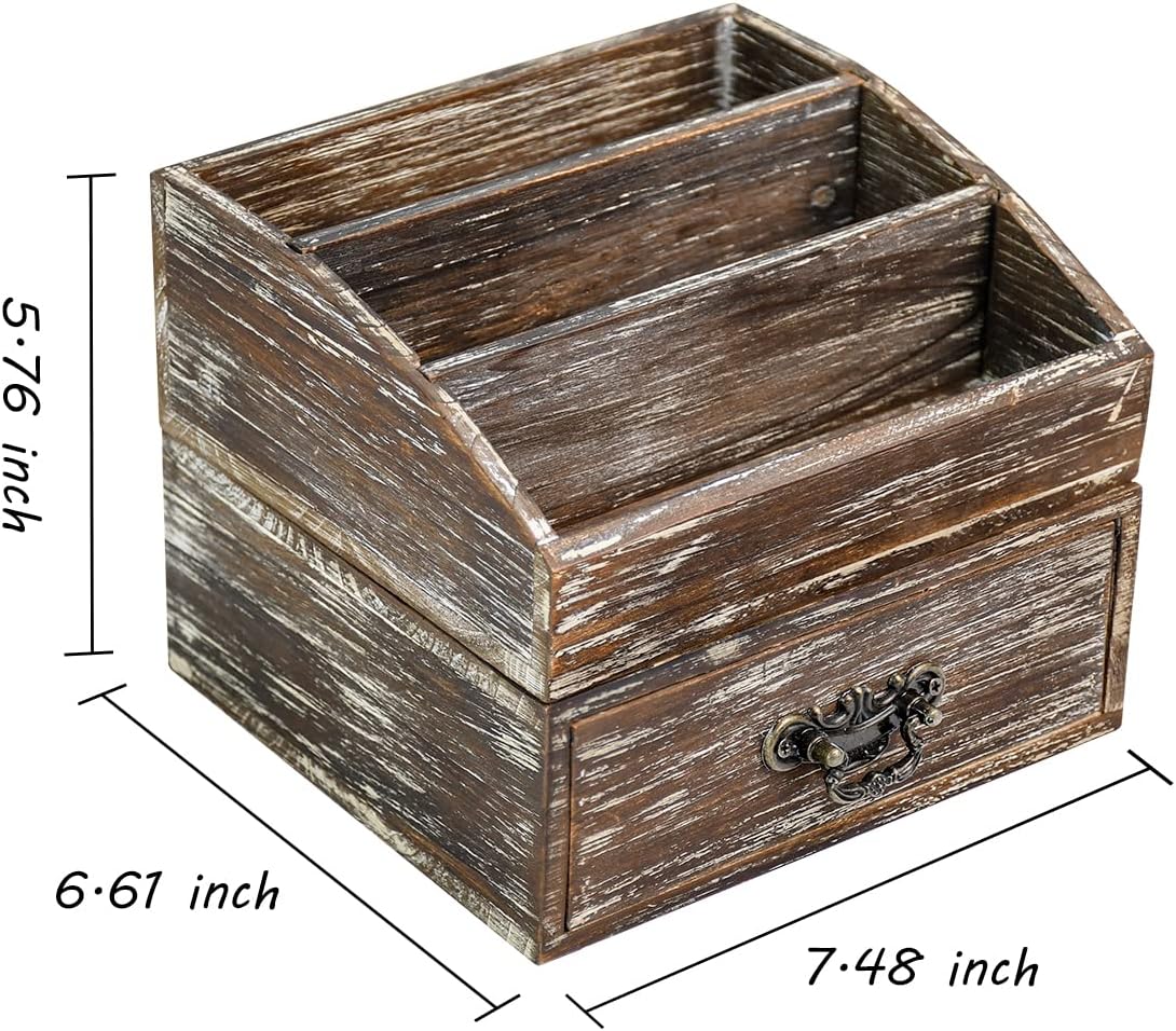 Office Desk Organizer with Drawers & Dark Brown Vintage Wood Desktop Storage Caddy 2pcs/set Workspace Supplies Farmhouse Mail Countertop Organizer Makeup Storage Box for Home Decor Supplies Vanity……