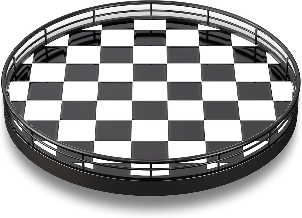 10.2-Inch Black and White Checkerboard Lazy Susan with Oak Base