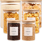 3 Pcs Glass Canisters with Airtight Bamboo Lids and 42 Kitchen Pantry Labels Preprinted - Clear Glass Flour and Sugar Storage Container Set - Large Glass Jars with Wood Lids(100 OZ/54 OZ/27 OZ)