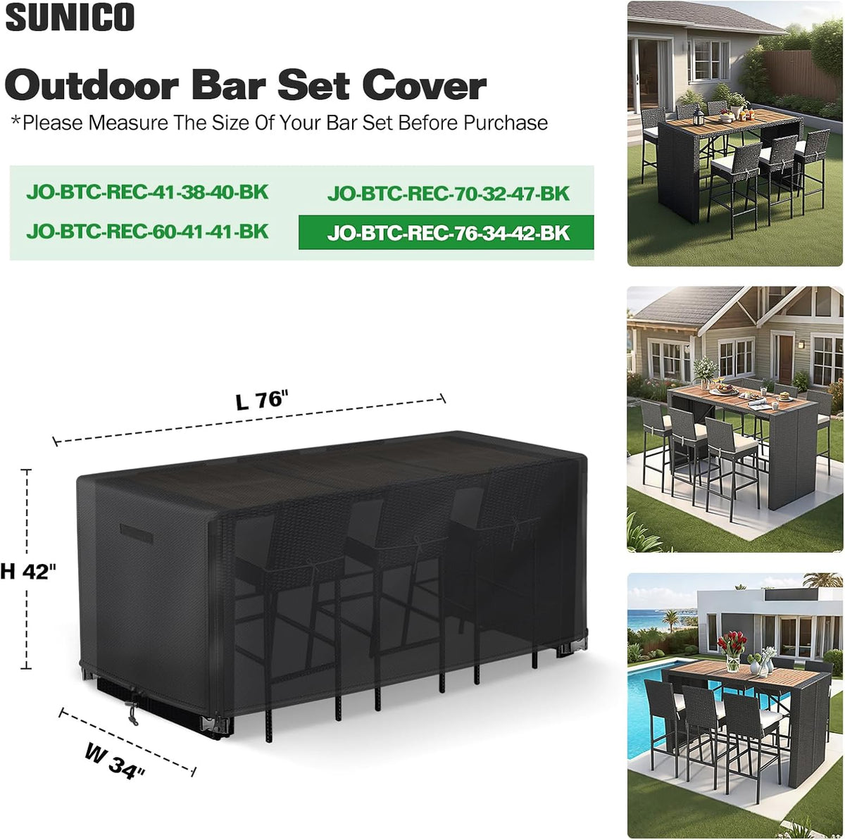 SUNICO Outdoor Bar Covers Waterproof,Bar Height Patio Set Covers,76x34x42in