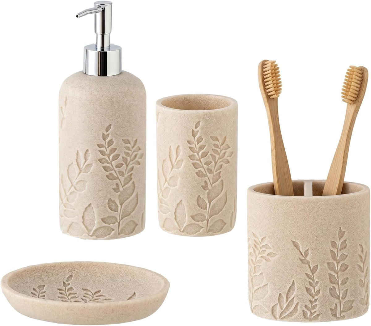 Bathroom Accessories Set, 4 PCS, Sandstone Look Leaf Beach Style