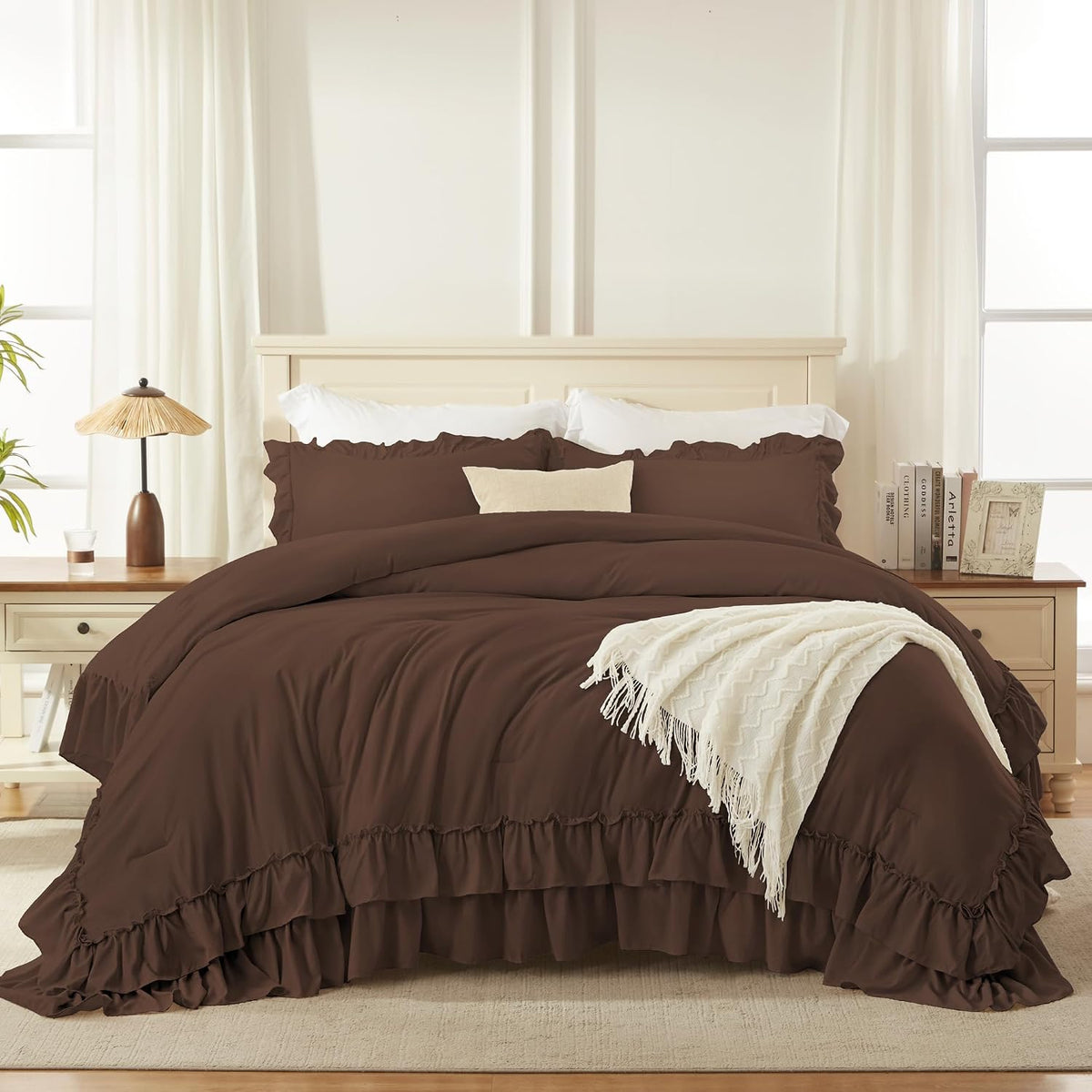 Andency Brown Twin Size Ruffle Comforter Set, 2 Pieces