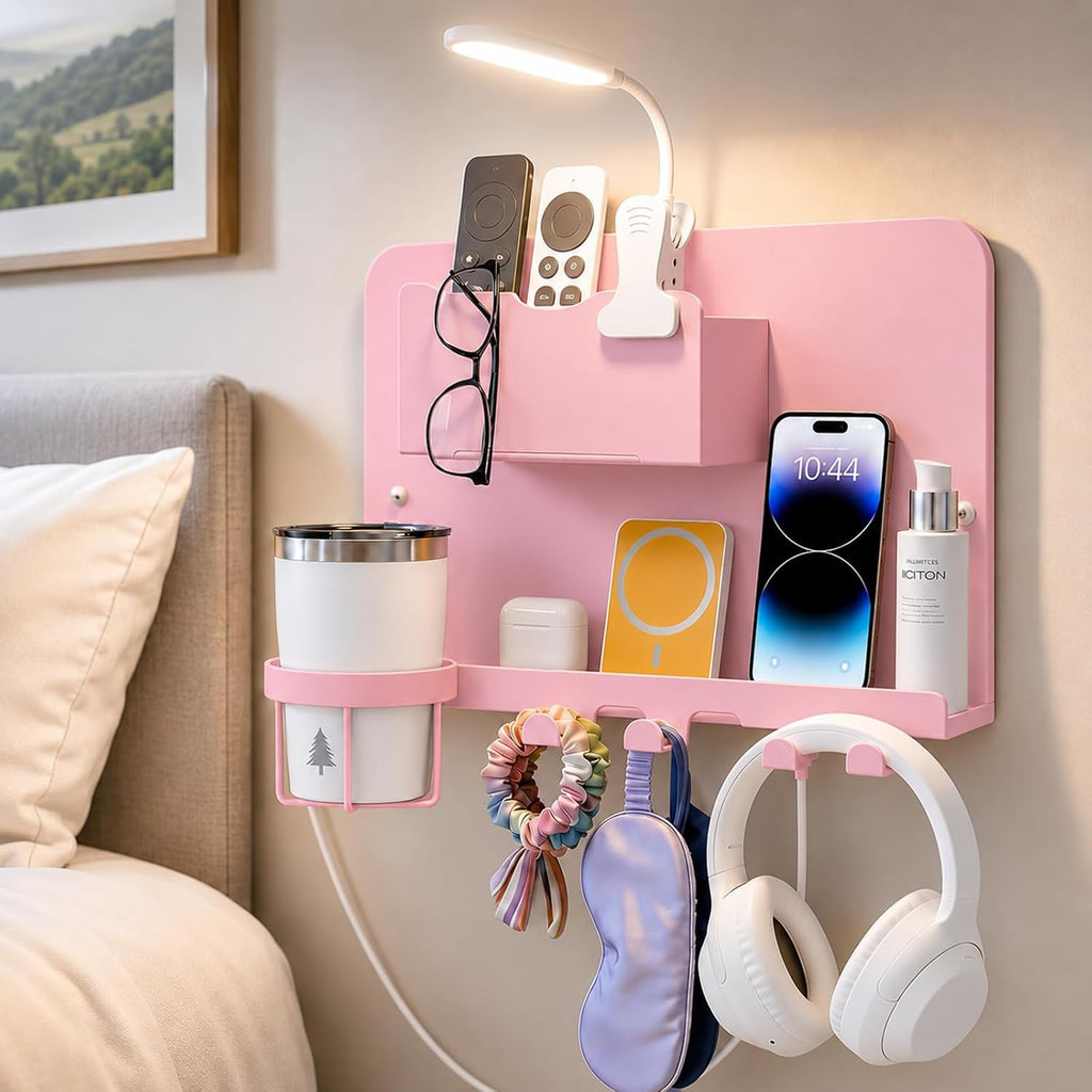 Floating Bedside Wall Shelf, Metal Wall Organizer with Detachable Cup Holde