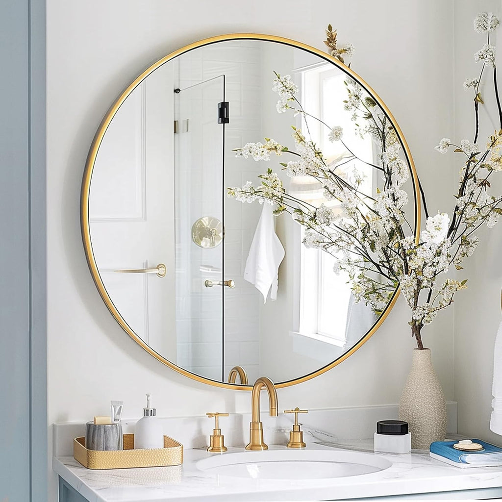 Sunniry Gold Round Mirror, 24 inch Circle Mirror, Brushed Gold Metal Frame