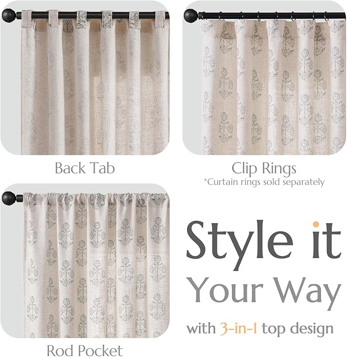 jinchan Linen Floral Curtains for Living Room 63 Inch Length Gray Flower - Image 6