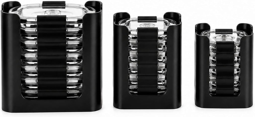 Food Container Lid Organizer for Rubbermaid Brilliance Lid, 3-Piece Lid Organizers for Cabinet, Holds 24 Snap-On Lids, Stackable Kitchen Cabinet Organizer for 0.5, 1.3, 3.2 & 4.7 Cup Lids, Black