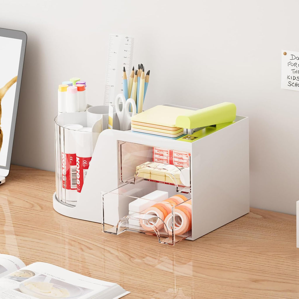 Marbrasse Desk Organizer with 2 Drawer, 360°Rotating Pen Holder, Desk Organizers and Accessories with 6 Slots Pencil Organizer + 2 Drawer, Art Supply Storage Box Caddy for Office (White)