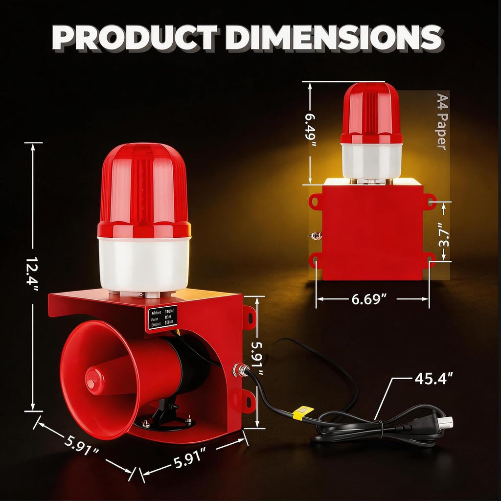AC110V Industrial Siren Alarm Strobe Light-120dB Loud Horn&Red Beacon Warning Light,Waterproof Indoor/Outdoor Safety Alarm for Emergency,Factory,Office,Fires,Tornado,Intruders,Animal Deterrent