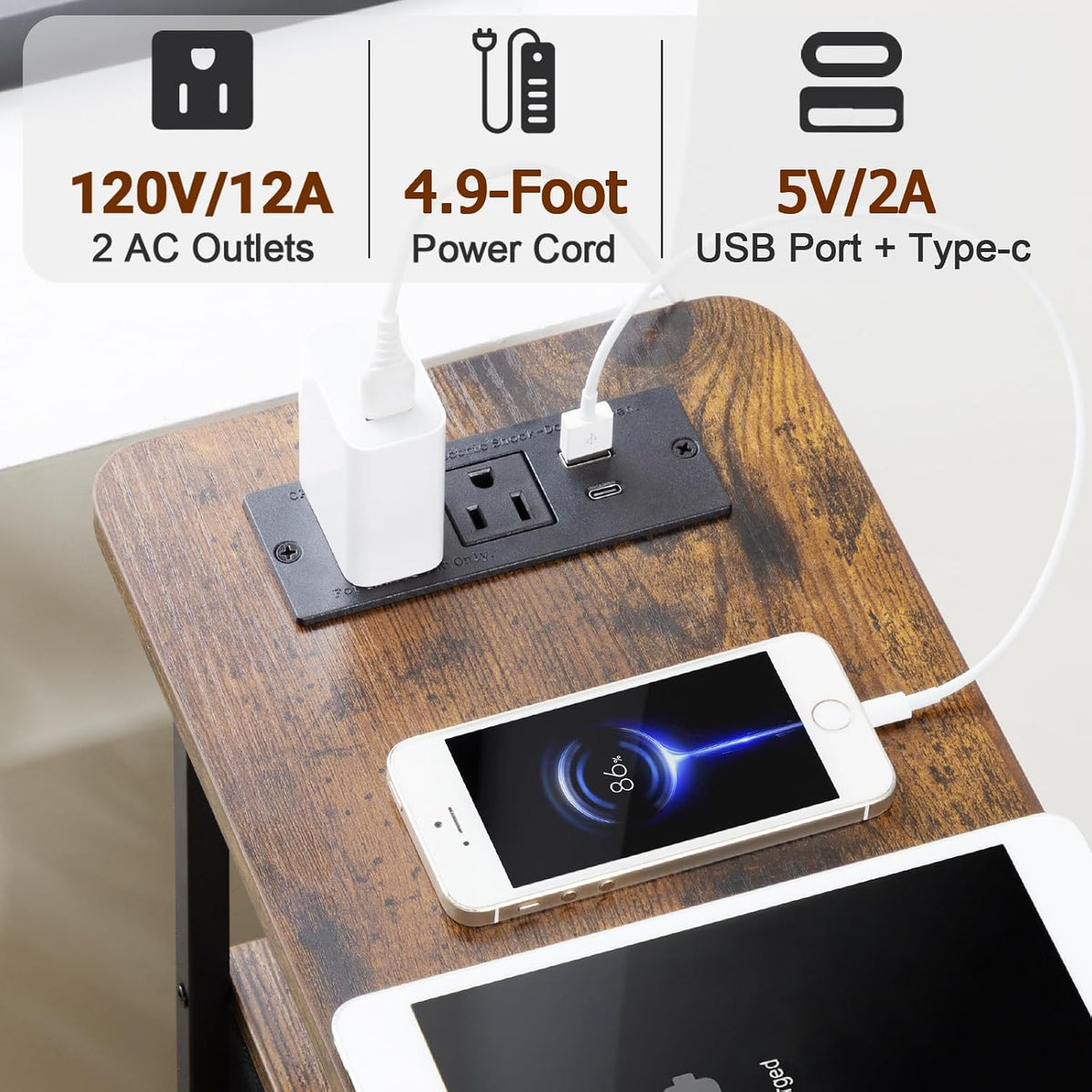 LOAKEKEL Narrow End Table with Charging Station, Side Tables Living Room
