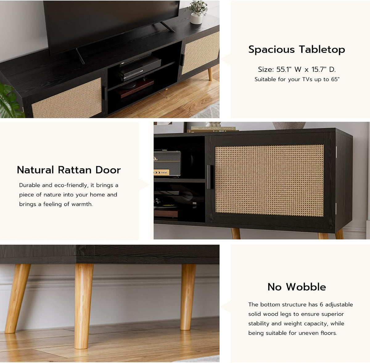 ZttRiee TV Stand with Rattan Doors for TVs up to 65", Mid-Century, Black