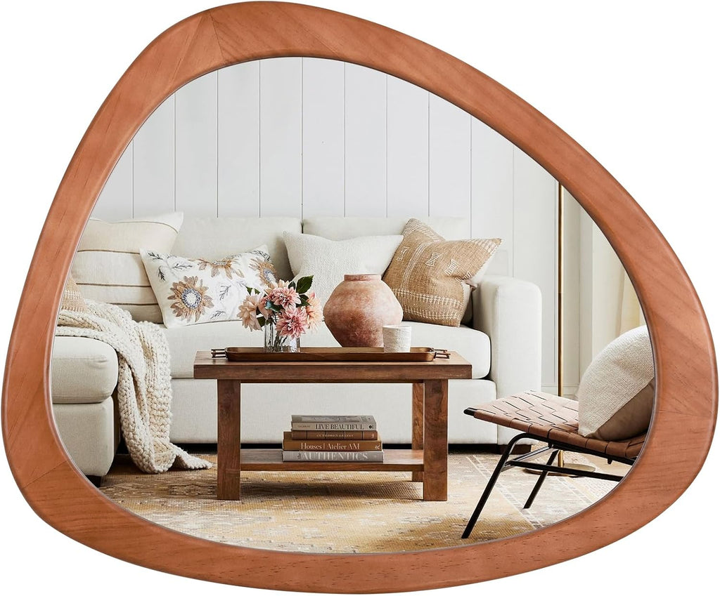 HOMECOOKIN 23 x 19 Asymmetrical Mirror, Irregular Wooden Wall Mirror for Bedroom, Living Room,Entryway– Mid-Century Modern Decorative Mirror, Solid Wood Frame, Pebble Shaped Design (Walnut)