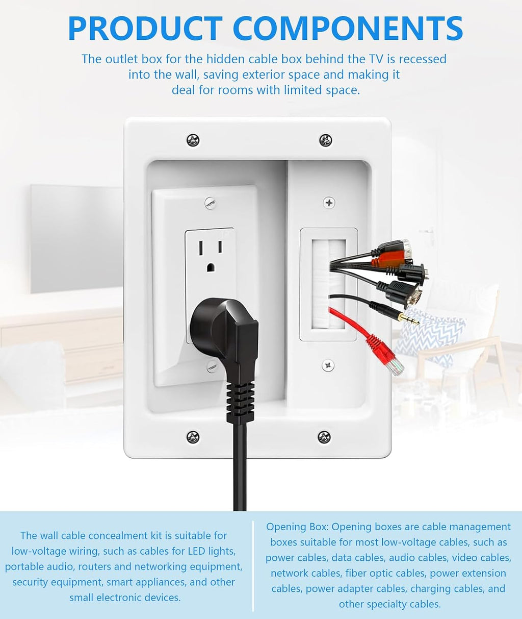 in-Wall TV Cable Management Kit, Dual Outlet Cord Hider for Wall Mounted TV with Data Jacks