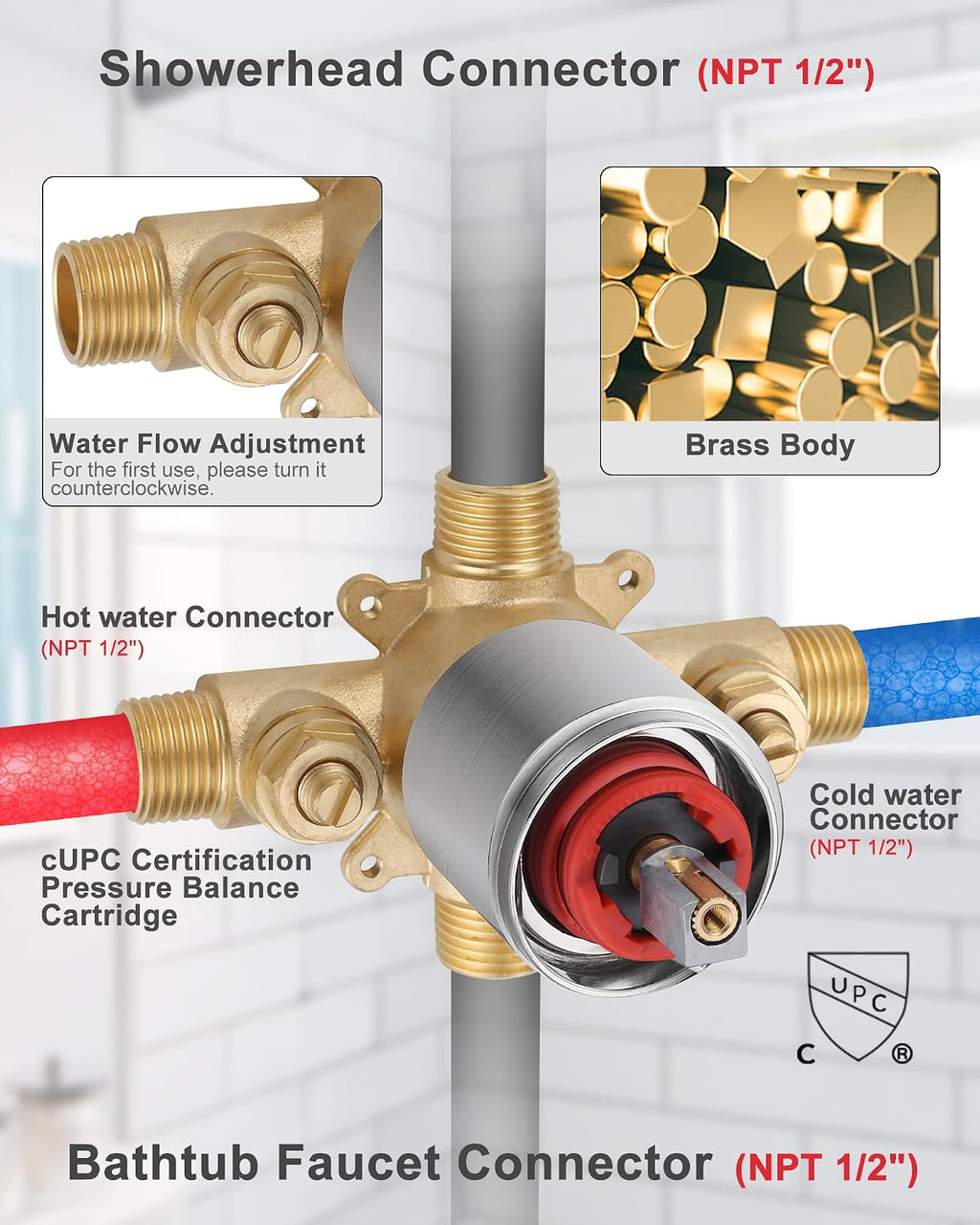 Bathtub Shower Faucet Set with Valve, 6-Inch Showerhead and Tub Spout
