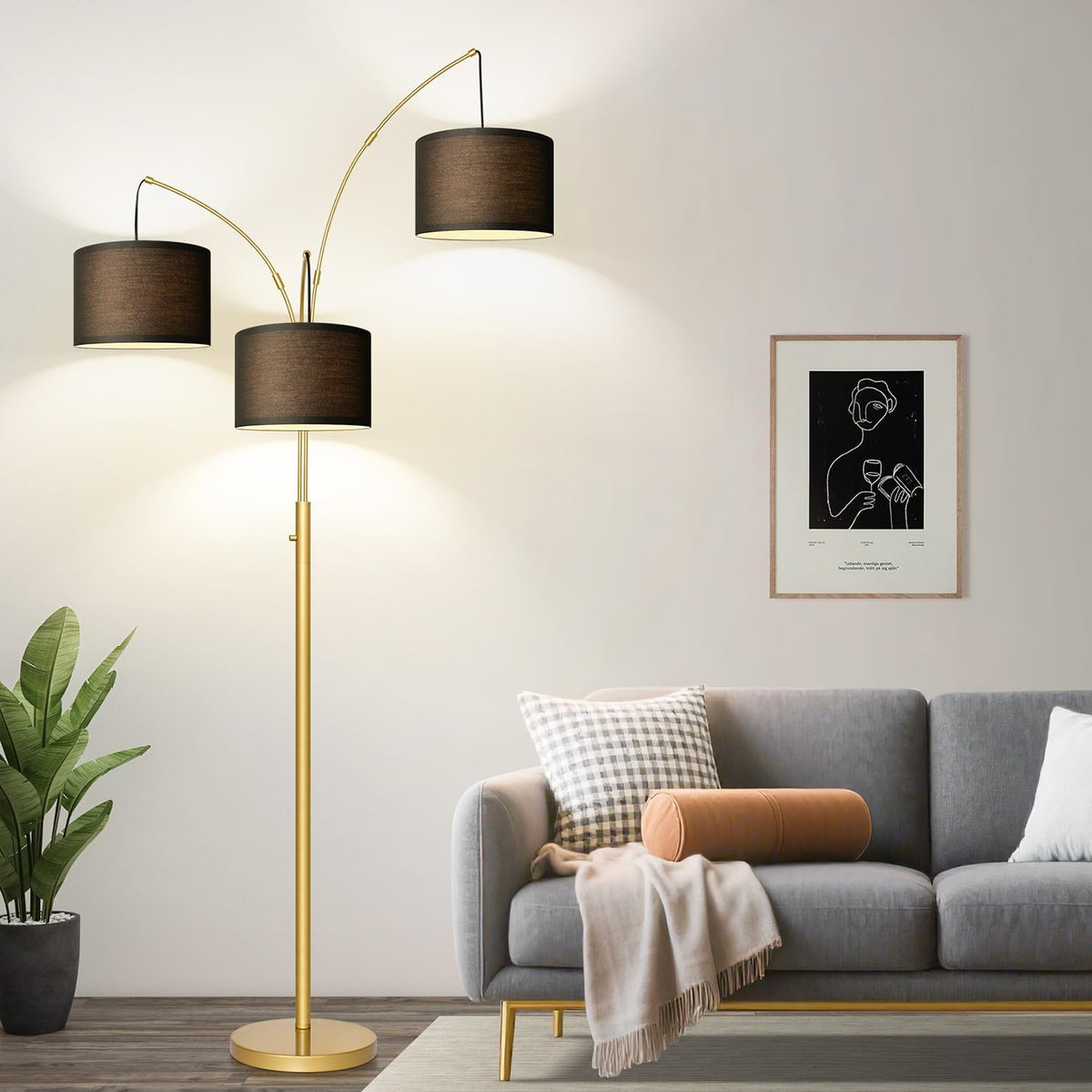 Dimmable Floor Lamp - 3 Lights Gold Arc Floor Lamps for Living Room, 1000LM Modern Tall Standing Lamp With Black Shades&Heavy Base, Mid Century Tree Floor Lamp for Bedroom Office, 3 LED Bulbs Included