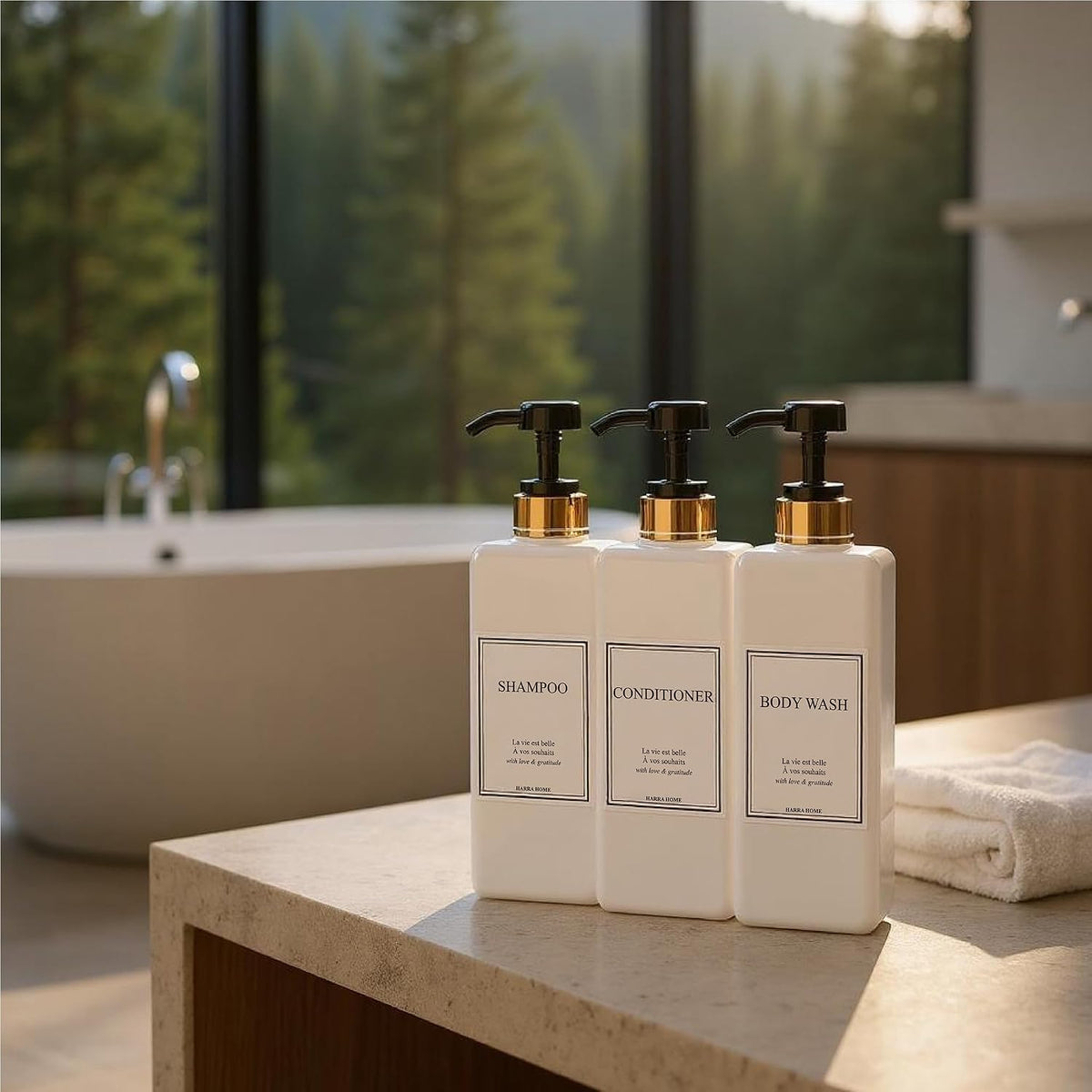 Modern Gold Design Shampoo and Conditioner Dispenser - Large 27oz Shower Soap Dispenser, Set of 3 Refillable Empty Plastic Pump Bottles for Bathroom and Body Wash (6 Waterproof Labels Included), Black