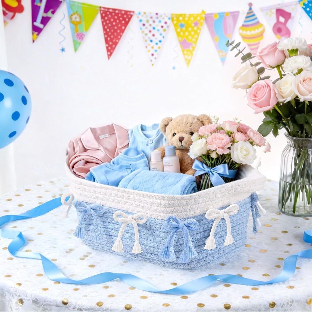 2PC Blue Bow Baskets for Gift Cute Coquette Woven Rope Storage Basket with Handle Laundry Hamper Storage Bins for Home Decor Organization Nursery Baby Shower, 11.8''x7.8''x4.7''
