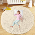 Cream White Round Rugs for Bedroom: 4ft Circle Fluffy Shag Soft Washable Rug by VECARF
